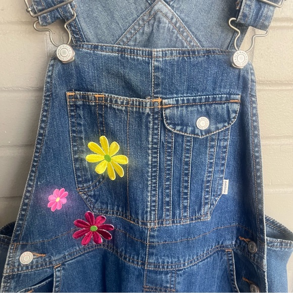 80s 90s Classic Old Navy Blue Jean Overalls Floral Patches XS - Picture 9 of 15